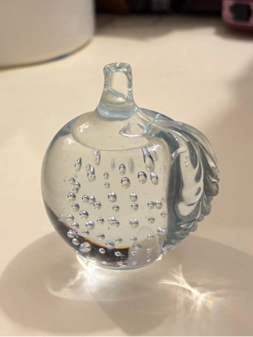 Apple Paperweight w/ Bubbles - Clear Handblown Glass - No Markings EUC